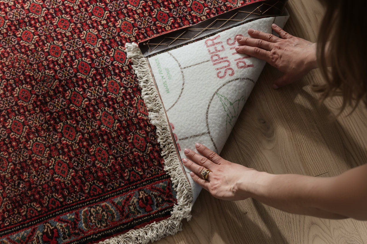 Person rolling out a red patterned rug on a wooden floor